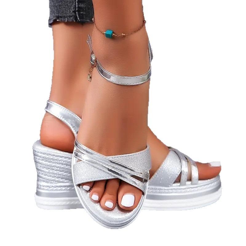 Damensandalen mit Keilabsatz in Übergröße, Sommerneuheit, Ein-Wort-Schnalle mit Muffin-Plateau, Damensandalen