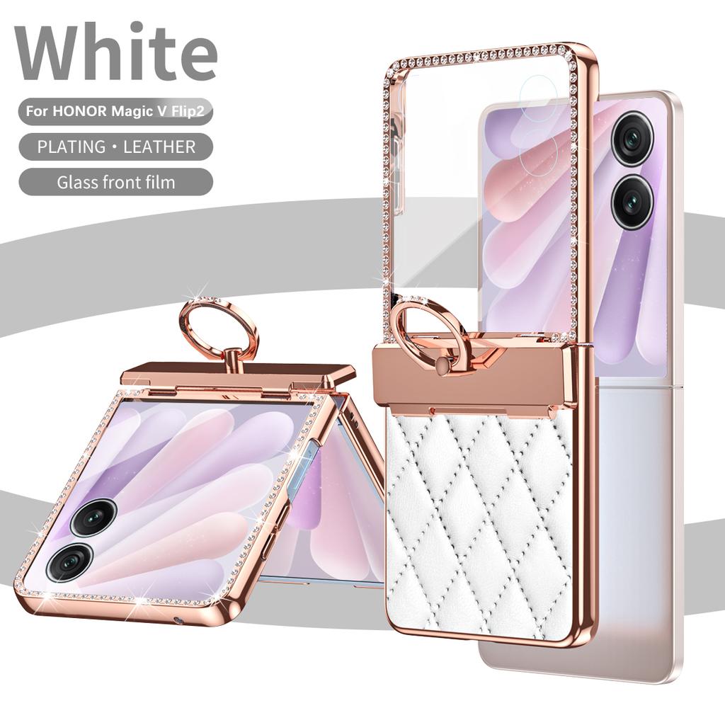 Luxury Fashion Diamonds Leather Plating Ring Holder Phone Case For Honor Magic V Flip 2 Hinge Full Protection V Flip2 Cover