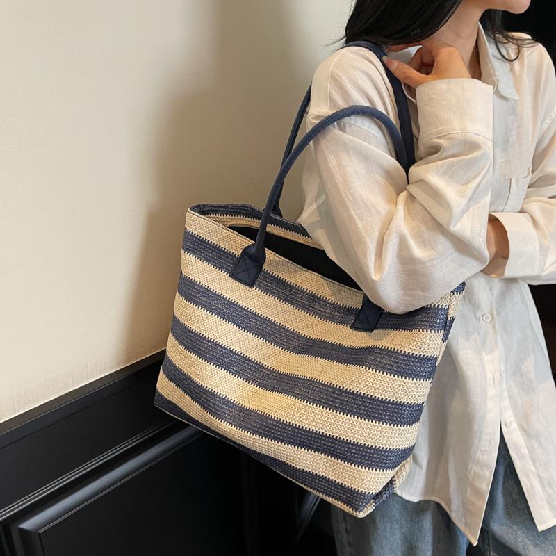 Shoulder Bag Striped Contrast Woven Bag Large Capacity Straw Tote Bag