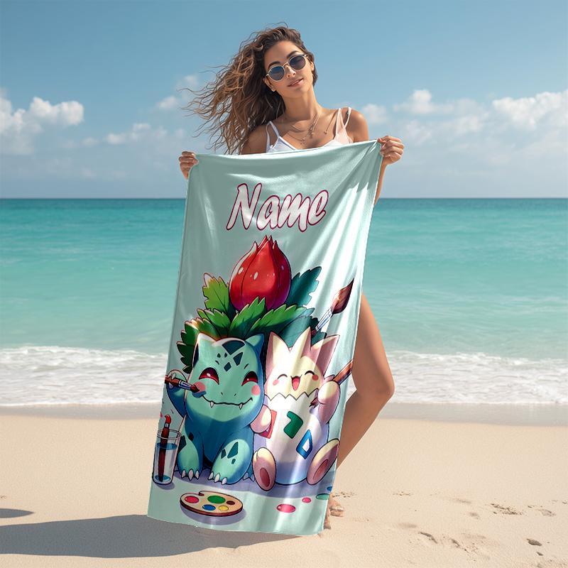 Personalized customized proof beach towel with Pokémon Bulbasaur pattern - soft, absorbent,quick-drying,perfect swimming,camping&bathing