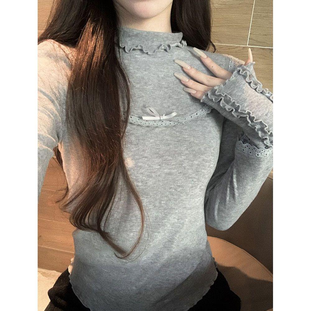 Elegant Women's Slim-Fit Ruffled Turtleneck Long-Sleeve Winter Top