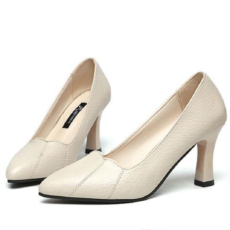 Fashion zapatos de mujer women fashion sweet black patent leather spring slip on stiletto heel shoes lady beige office work pumps ea610