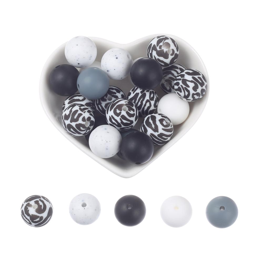 15mm 30Pcs Silicone Beads Round Print Food Grade Teething Beads for Baby Toy Soft Chew Teething DIY Pacifier Clips Necklace