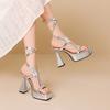 Plus Size 2026 Summer Trendy New Sexy Sandals Ultra High Irregular Coarse Heel Hollow Calf Cross Buckle Women's Peep Toe Sandals