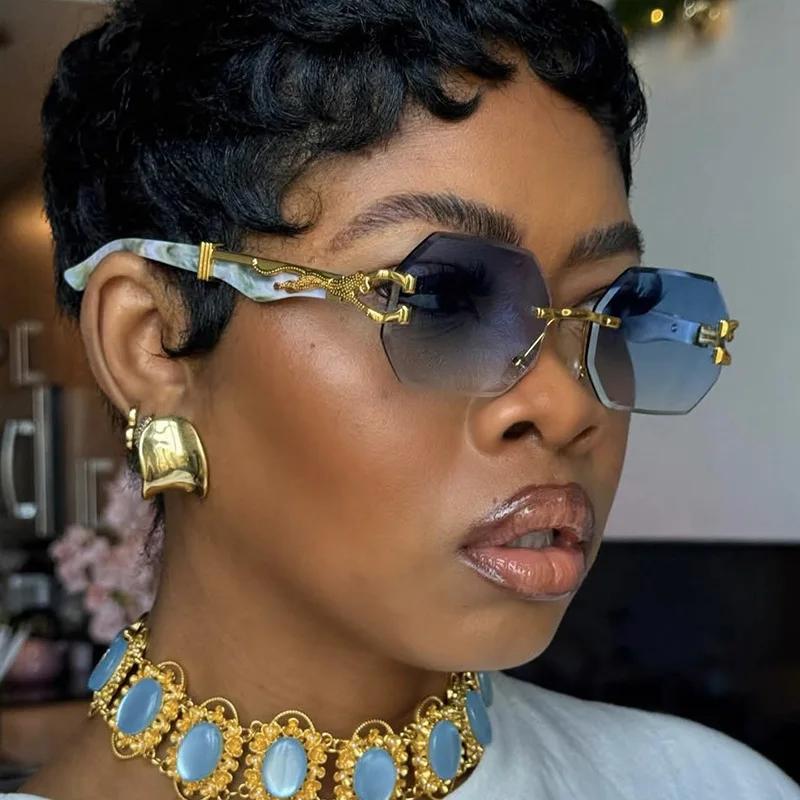 y2k Rimless Octagon Sunglasses ladies For Men Luxury Designer Vintage Punk Popular Gold Leopard Head Sun Glasses UV400