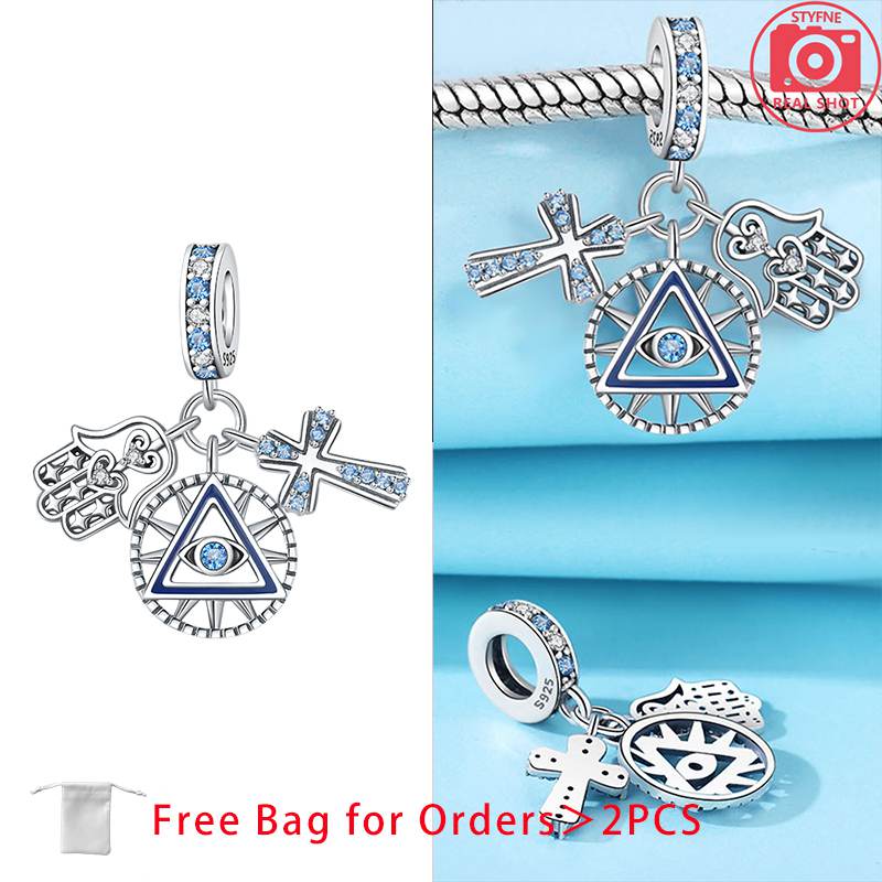 Charm Bead Components Shiny Zircon Blue Devil's Eye and Fatisha's Hand Bead Components Copper Metal Pendant Bead Component Compatible With Do It