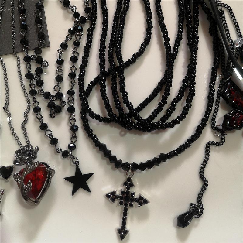 Punk Black Cross Star Pendant Chain Necklace Goth Vintage Red Butterfly PU Choker Men Women Hip Hop Rock Y2K Grunge Accessories