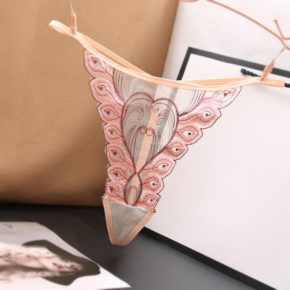 Cotton Crotch Lace Embroidered Panties Low Waist Transparent T-Pants Sexy Mesh Thongs  Gift