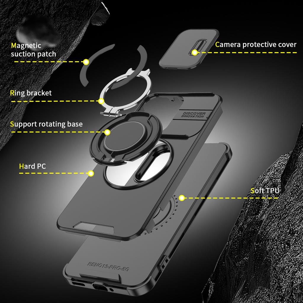 For Oppo Reno 15 Pro Case, Magnetic Camera Cover Phone  Case Cover with 360° Rotating Ring Holder for Oppo Reno 15 F/Reno 14/Reno 13 Pro
