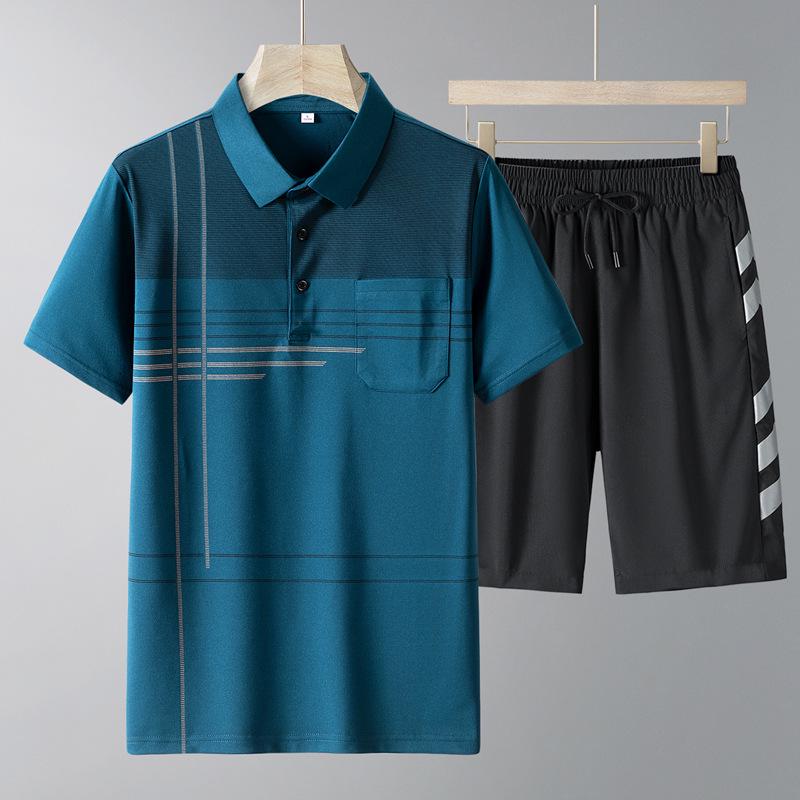 Men's Summer Ice Silk Casual Two-Piece Set: Short-Sleeved Shirt and Loose Shorts for Middle-Aged and Elderly