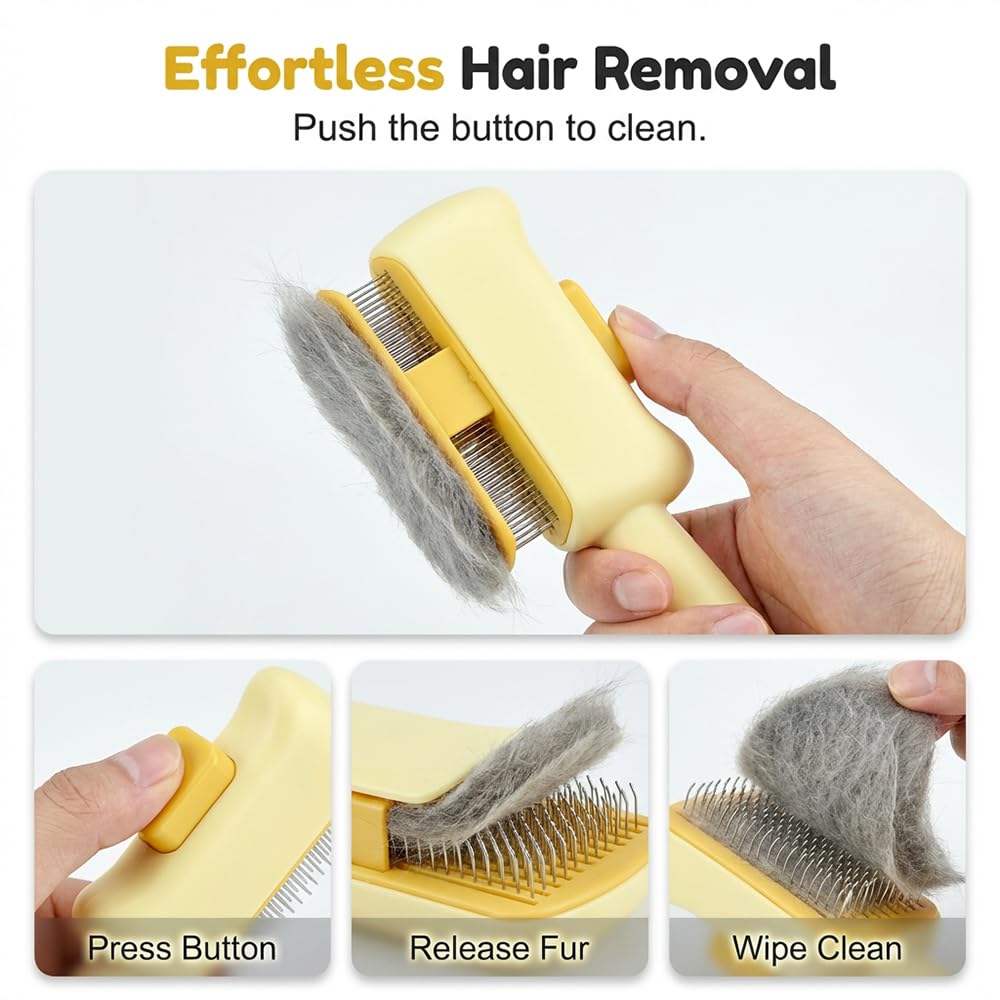 Self-cleaning pet hair brush for cats, cat grooming brush, with long and short stainless steel teeth, household pet grooming brush