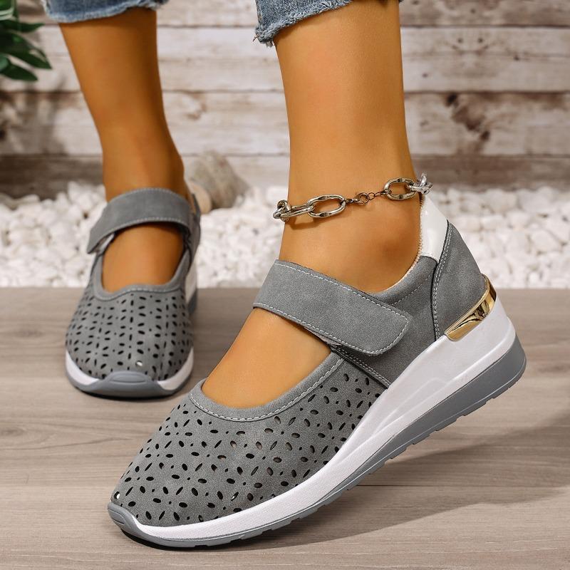 Women's Summer Lightweight Breathable Hollow Velcro-Strap Wedge Casual Slip-On Shoes, Available In Large Sizes.