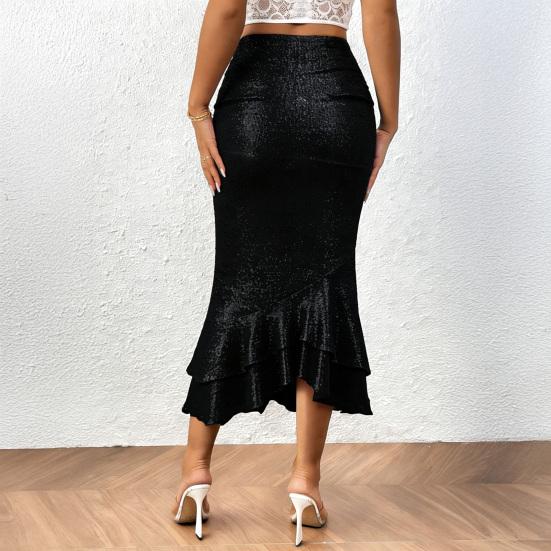 Damen Midi Rock Sexy Hüftbetontes Design Hüftbedeckend Einfarbiger Party Rock Glitzer Niedrige Taille Rüschensaum Fishtail Rock Tägliche Kleidung