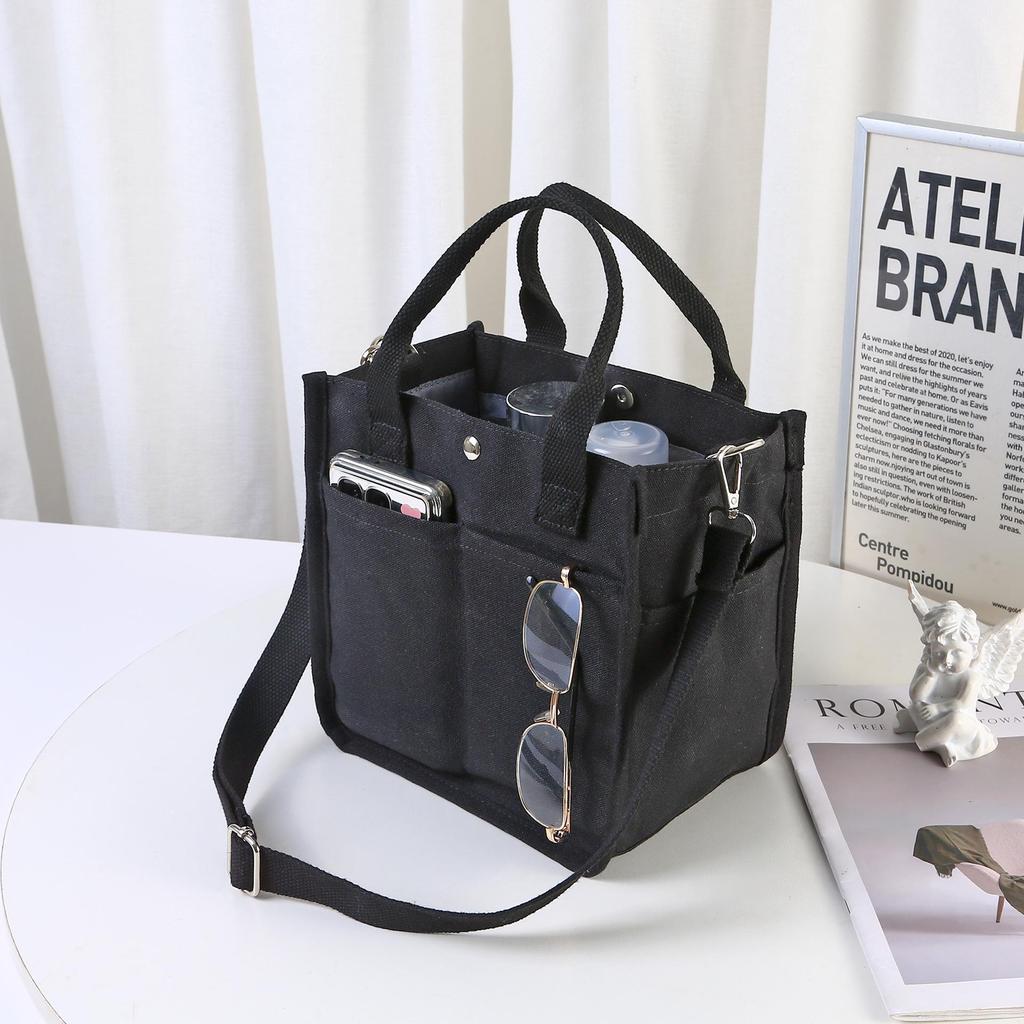 Three-Dimensional Multi-Pocket Canvas Tote: Versatile Handheld Messenger or Lunch Box Bag