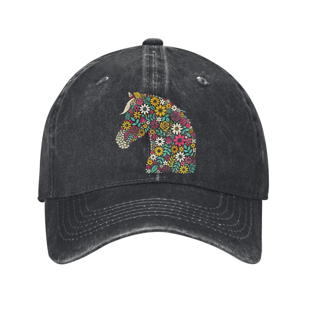 Floral Horse Head Print Washed Baseball Cap Denim Casual Adjustable Sun Protection Dad Hat
