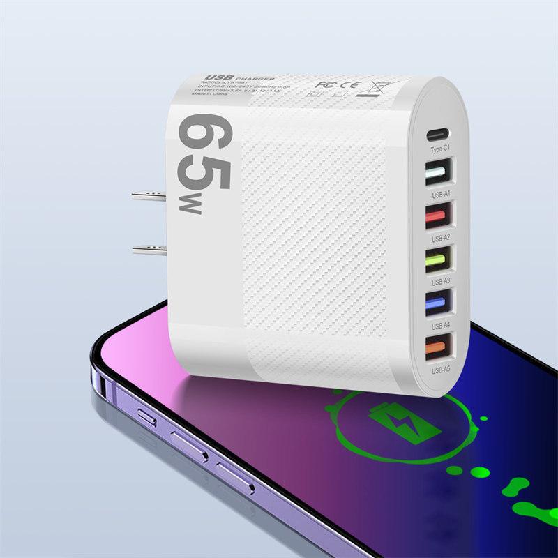 6 Ports USB Type C Charger PD Fast Charging Adapter Quick Charge3.0 For iPhone Samsung Xiaomi Huawei Phone Wall Charger Plug