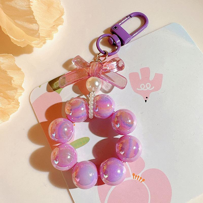 Plastic Fashion Beaded Bow Keychain Exquisite Candy Color Pearl Keyring Creative Shiny Bows Beaded Pendant Girls