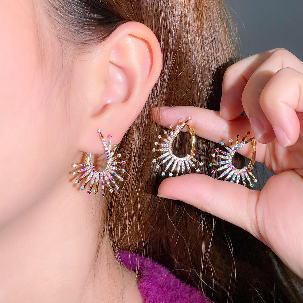 Creative Color Fireworks Earrings, Micro Zircon Stud Earrings Geometric C-Circle Colored Diamond Earrings