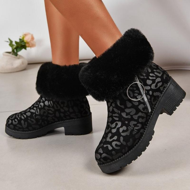 Winter New Large Size Leopard Print Short Boots European and American Round Head Lint Cotton Comfortable Flat Bottom Martin Boots