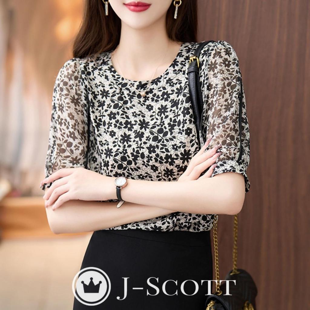 Botanical Pattern Chiffon Puff Upper Arm Floral Monotone Slender Spring Spring Easy Care 5 Class S Work Fall Fashionable Black [J-Scott] [Limited