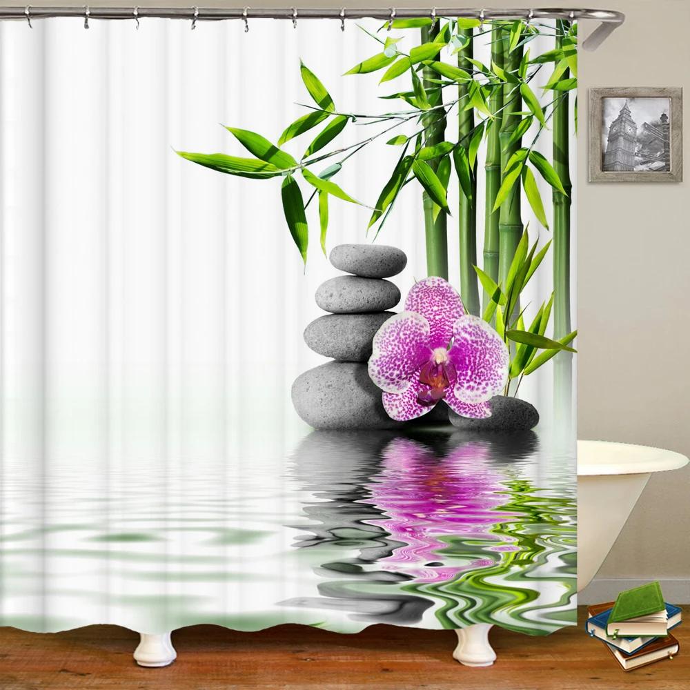 Flowers Plant Pebble Printed Shower Curtain Waterproof Washable Bathroom Decorative Curtain 3D Shower Curtains With Hook 240X180