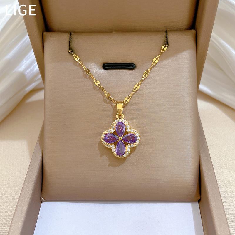 New Niche Design Wind Slightly Inlaid Zircon Amethyst Four-Leaf Flower Pendant Collarbone Chain Jewelry