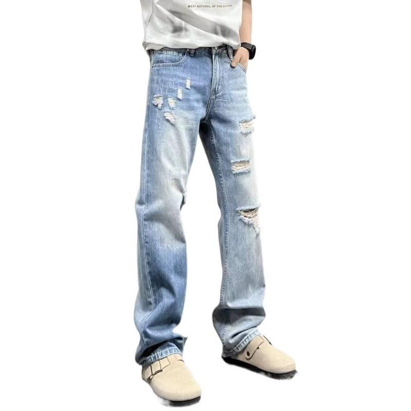 Spring and Summer American Ripped Scratched Retro Trend Fashion Washed Versatile Men's Narrow Straight Jeans Pants Tide