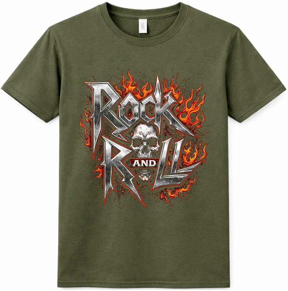 Rock N Roll T Shirt Flaming Skull Heavy Metal Gothic Biker Vintage Tee