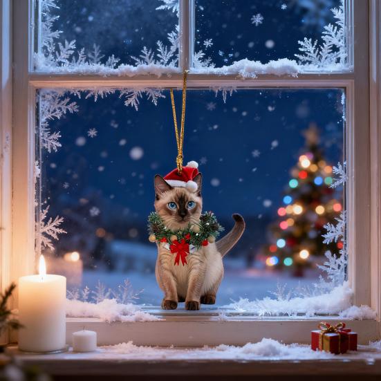 Christmas Pendant 2D Acrylic Cat Wearing Xmas Wreath Charm Car Hanging Ornament Home Office