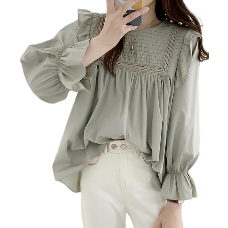 

[Riaminy] [Rear Mini] blouse race frills balloon sleeve cut and sew ladies tops office casual chiffon Elegant simple long sleeve spring summer autumn