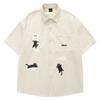 Clothing Life Cat Embroidery Corduroy Striped Short Sleeve Shirt Men's Couple American Vintage Vintage Top