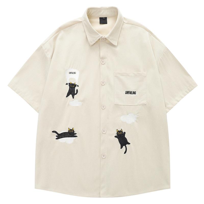 Clothing Life Cat Embroidery Corduroy Striped Short Sleeve Shirt Men's Couple American Vintage Vintage Top