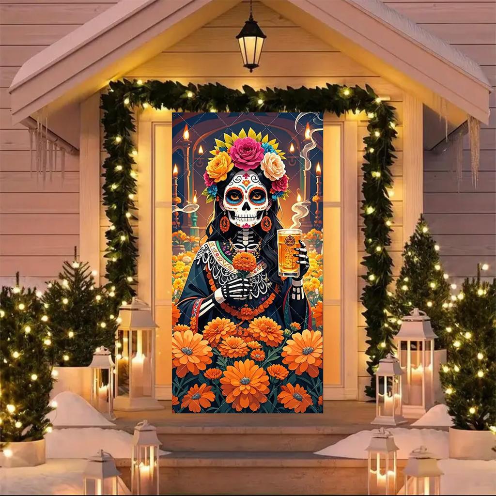 Copri Porta Giorno dei Morti Messicano Sfondo Scena Giorno dei Morti Decorazione Festa Fiore Messicano Teschio Scheletro Candela Striscione Festa