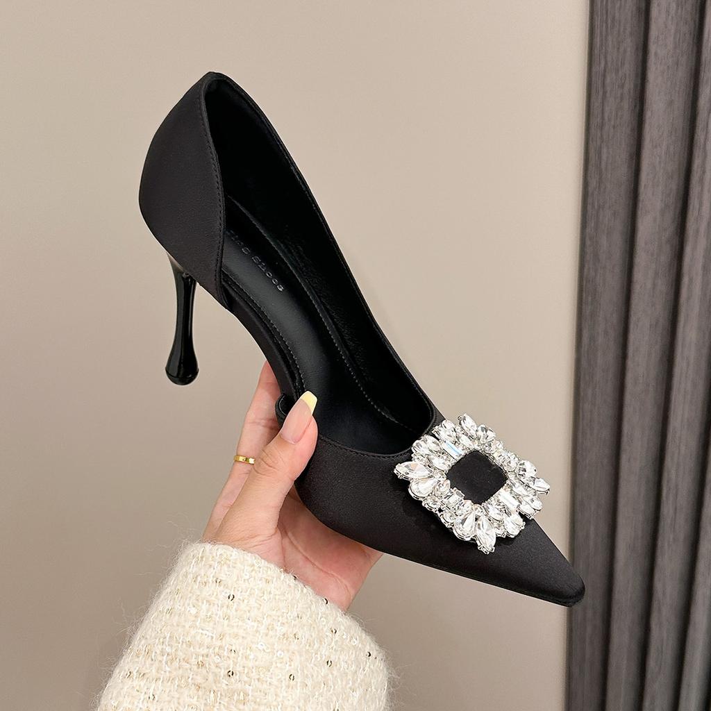 1366-3 Pure Desire Sexy High Heels Women Pointed 2025 Versatile Rhinestone Square Buckle Shallow Mouth Temperament Thin Heel Single Shoes Women