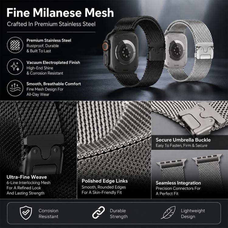 5‑Pack Umbrella‑Buckle Milanese & Butterfly‑Buckle Stainless‑Steel Watch‑Band Strap, Adjustable Wrist‑Bracelet Accessory For Apple Watch 38‑49mm