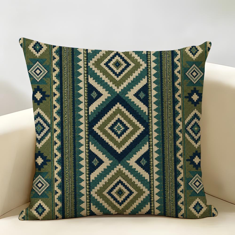 Blue Green Striped Diamond Pattern Cushion Cover Natural Linen Organic Fabric Double-Sided Printing Breathable For Home Decor