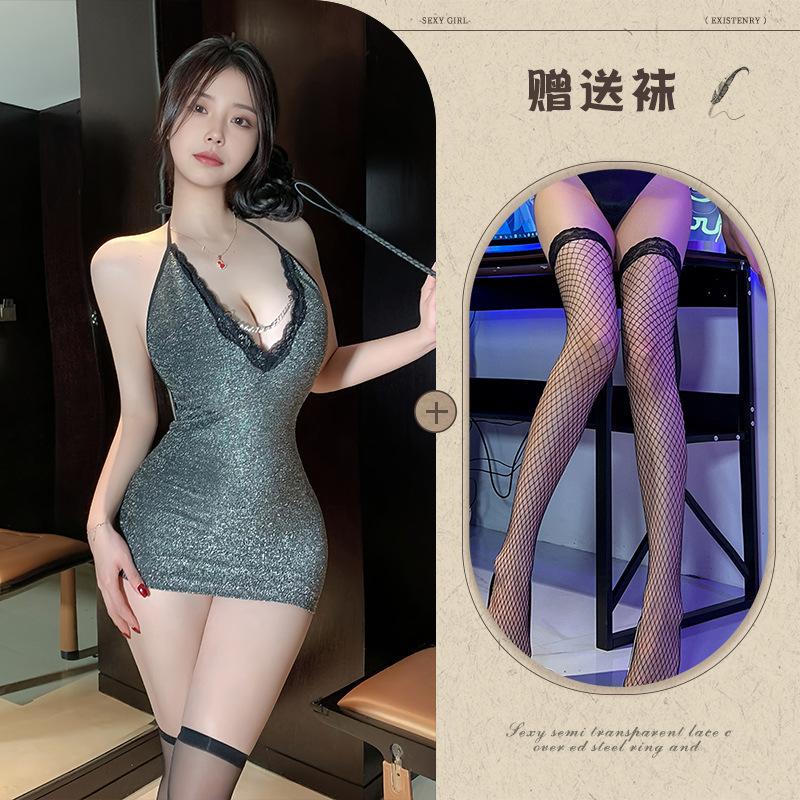 Sexy lingerie sexy small breasts deep V show big chain pajamas uniform free bed seduction robe woman