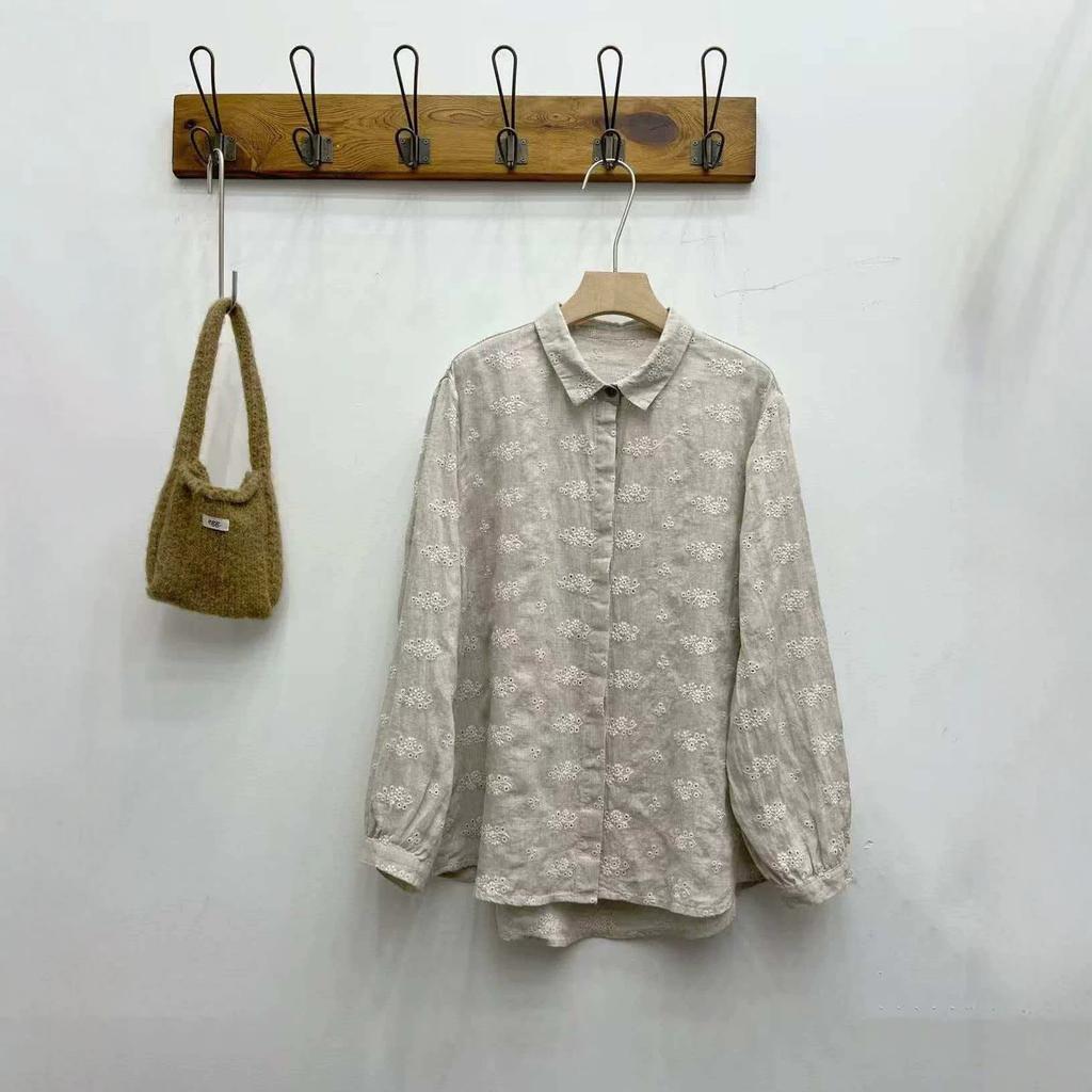 1116 autumn new women's lapel collar Japanese shirt loose shirt top linen literary style ins embroidery long sleeve