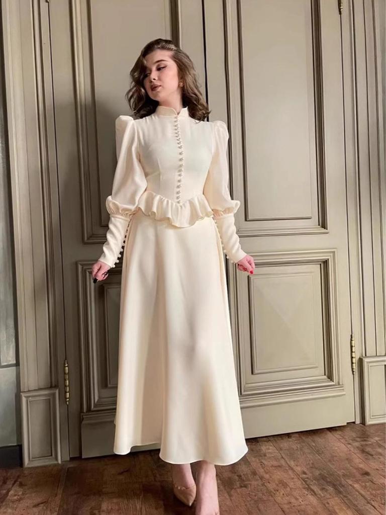 Elegant Europeisk och Amerikansk Långärmad Knytbar Off-White Klänning