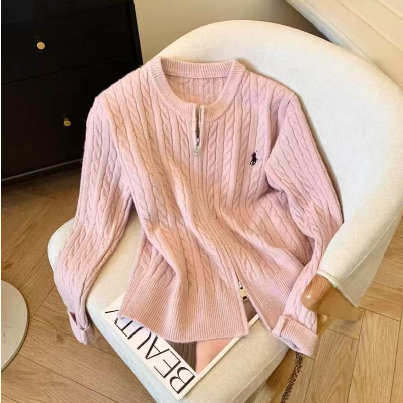 Autumn and winter new double zipper twist embroidered knitted cardigan women's round neck long sleeve age-reducing sweater jacket versatile top