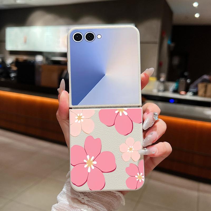 Fresh Style Cherry Blossom Pattern Case For Samsung Z Flip 7 6 5 4 Leather Texture Folding Fhone Cover For Galaxy Z Flip7 Flip6 Flip5
