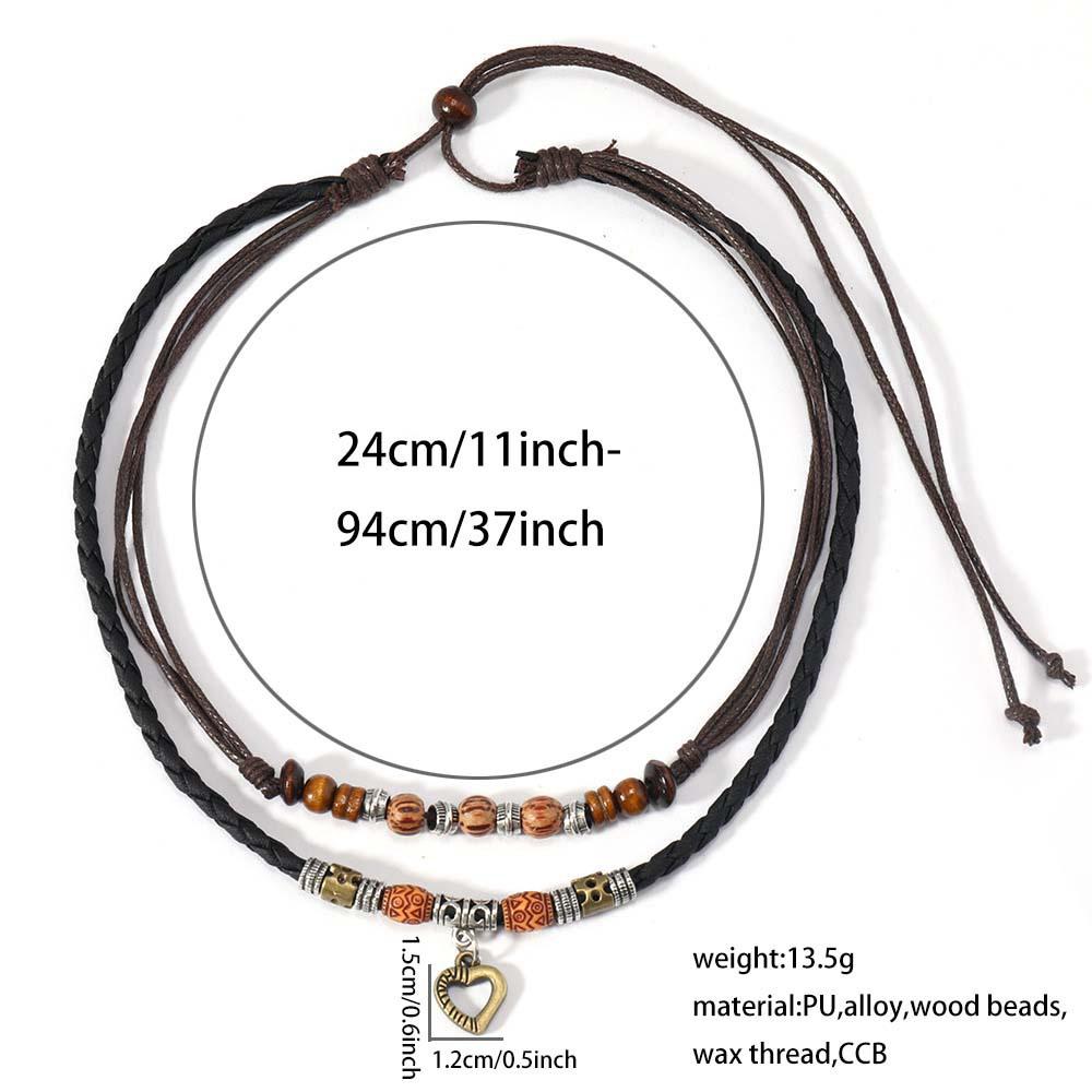 Women's Retro Heart Cross Wooden Bead Multi-layer Ethnic Necklace