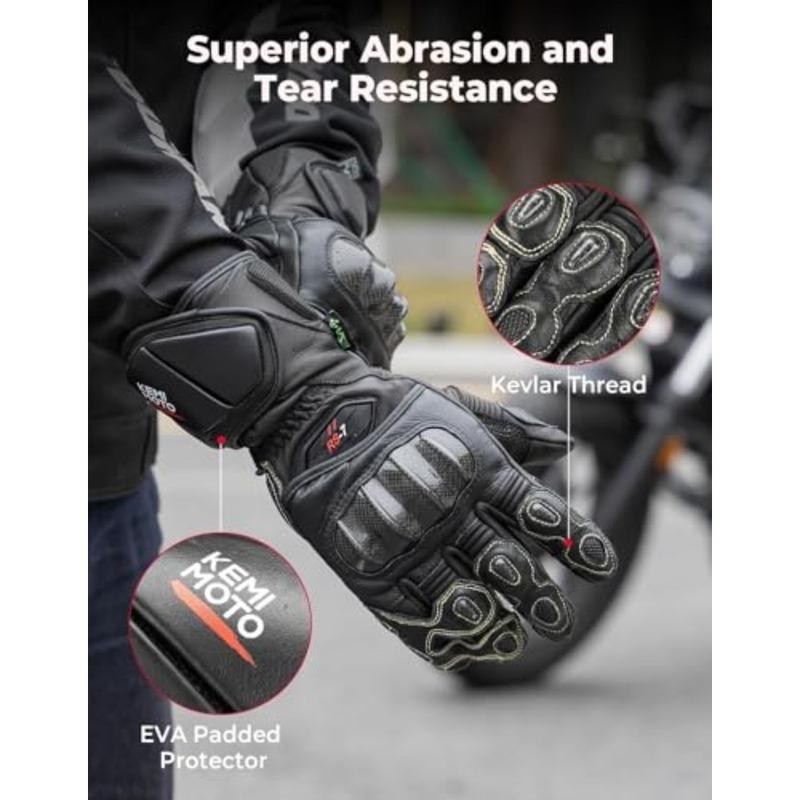 Motorcycle riding gloves for men and women, genuine leather with black color, CE-certified with ESA cushioning, Kevlar and carb