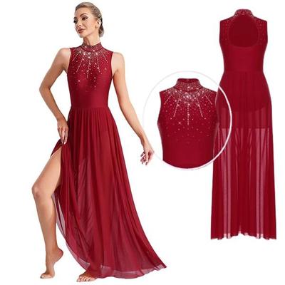 Women Lyrical Modern Contemporary Dance Costume Ballroom Waltz Dancewear Sleeveless Shiny Rhinestone Decor Maxi Ball Gown