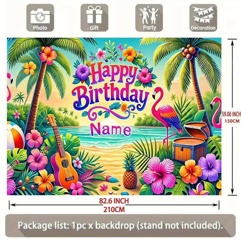 2D Customizable Name Tropical Flamingo Birthday Backdrop Beach Palm Tree Background Banner for Kids Party