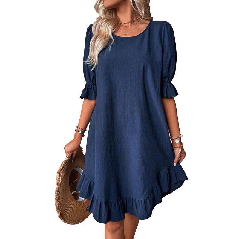 

Жіноча вінтажна бавовняна лляна сукня із середнім рукавом і круглим вирізом, однотонна спідниця, вільний поділ, мереживні сукні 3XL