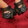 Steampunk Half Finger Leather Gloves with Gear Decor and Compass Design Retro Mechanical Style for Cosplay Riding