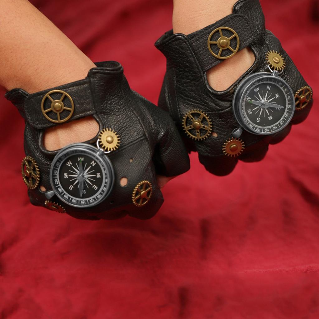 Steampunk Half Finger Leather Gloves with Gear Decor and Compass Design Retro Mechanical Style for Cosplay Riding