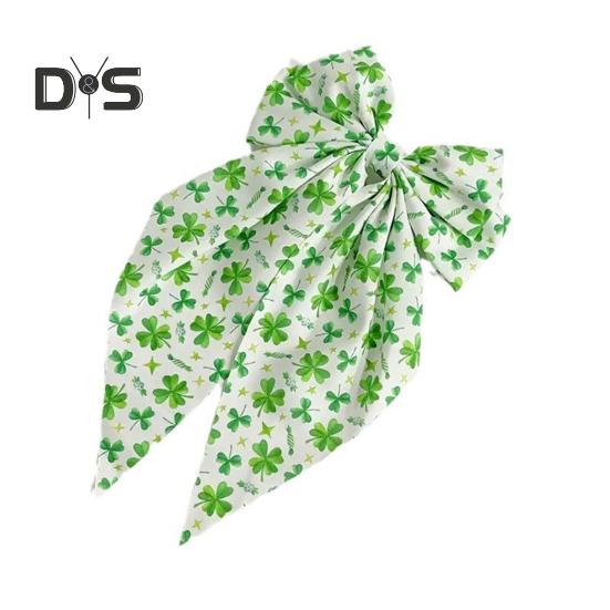 

Заколка для волос из зеленой ленты с бантом и узором в виде четырехлистного клевера, пружинная заколка для затылка, заколка для волос в милом стиле 1