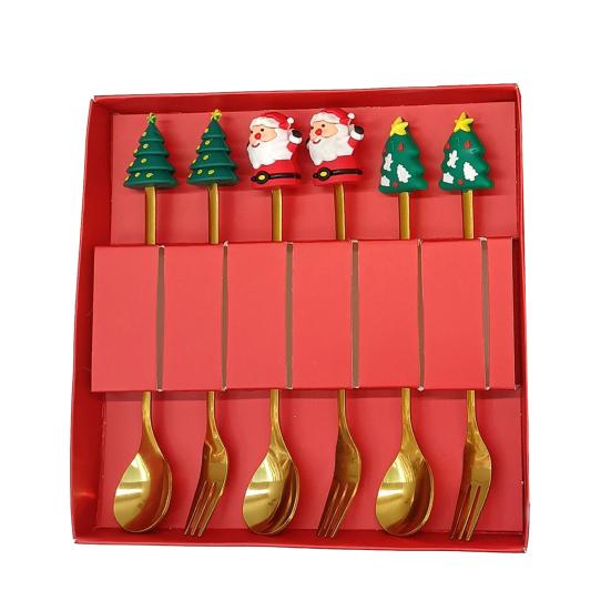Nerezová vánoční sada lžiček s motivem stromku, Santa Clause a hvězdy, lžičky na míchání kávy, slavnostní kuchyňské náčiní s dárkovou krabičkou